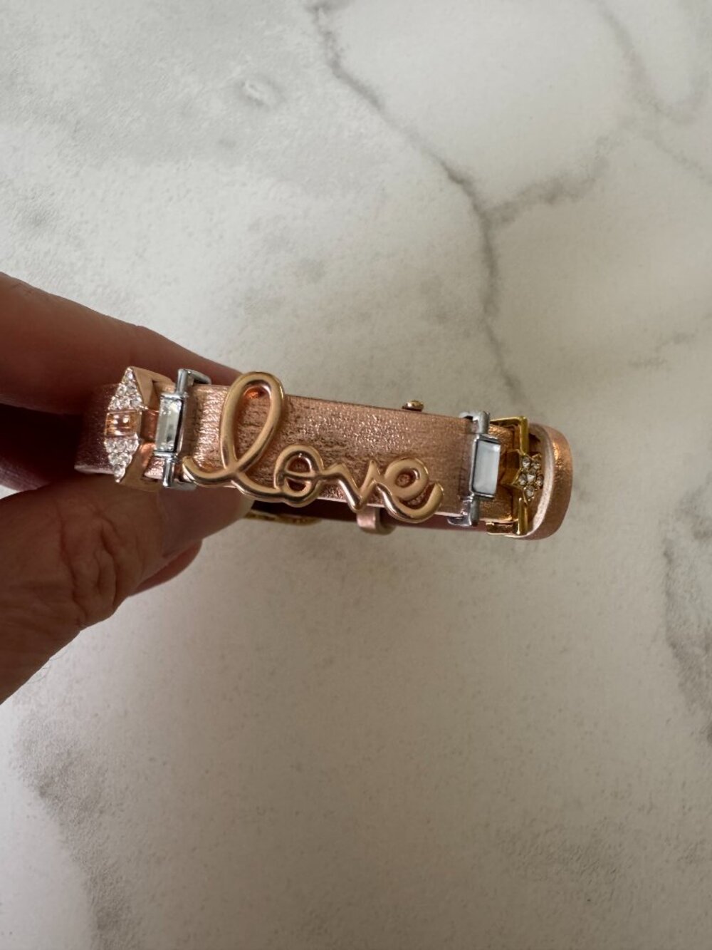 Keep Collective Metallic Rose Gold Leather Keeper Bracelet with 5 Slide Charms